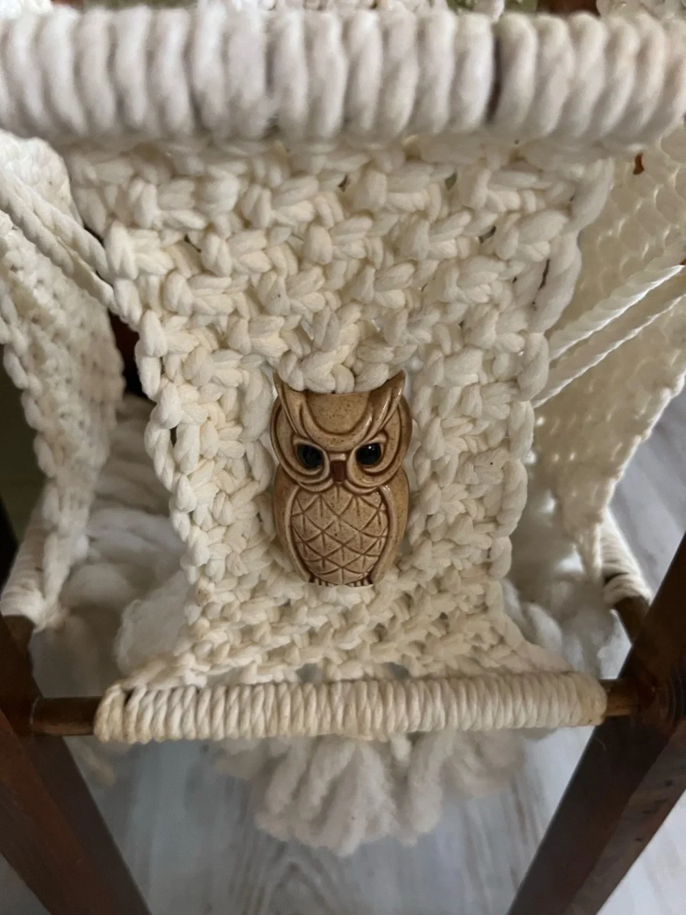 Vintage Handmade wooden and macrame plant stands featuring a woven owl pattern
